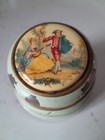 Vintage 1950s Enameled Aluminum Vanity Powder Puff Porcelain Top Music Box Works