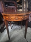 Baker Furniture Antique Inlaid Wood Round Side Table With Drawer And Carvings