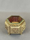 Vtg Footed Gold Ormolu Filigree 3        Jewelry Casket Trinket Box W beveled Glass