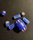 Set Of 7 Blue Chevron Glass Beads -indian Native American Trade 10-20mm  b530 