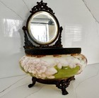 Antique Wave Crest Floral Dresser Box Footed Vanity Jar Swivel Mirror