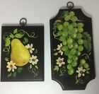 Pair Original Vintage Fruit Painting Wood Plaque Pear Grapes Signed Art Cottage