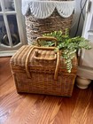 Vintage Rattan Cane Woven Wicker Picnic Basket  Portable With Locking Handles