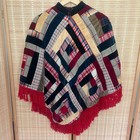 Vintage Patchwork Poncho Jacket Fringe Boho Southwestern Plaid Cape Coat
