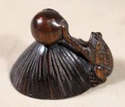 Signed Meiji Wooden Netsuke In Shape Of Frog On Mountain Or Limpet Shell C  1910