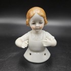 Antique German Porcelain Half Doll Little Girl Sewing Pin Cushion Topper Nice 