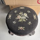 Vintage Carved Wood Foot Stool Ottoman Floral Needlepoint Seat Brown Antique