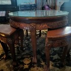 Chinese Antique Wood Carved Tea Table With 4 Stools 