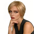 Women Gold Short Straight Bob Wigs Side Part Face Framing Synthetic Full Wig