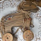 Vintage Handcrafted Wooden Horse Pull Toy On Rolling Wheels Rope Pull String