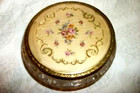Antique Powder Jar Vanity French Repousse Bronze Petit Point Roses Ornate Glass