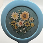 Vintage 1960 s Blue Hand Held Vanity Mirror W  Embroidered Flower Image  Usa
