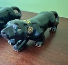 Vtg Stalking Black Panther Figurine Floral Collar Green Eyes Red Ware  Set Of 2