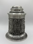 Vintage Pewter German Beer Lidded Stein Men   s Sitting Drinking Scene Verse