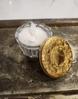 Vintage Round Glass Dresser Vanity Jar With Gold Toned Ornate Metal Lid   Puff