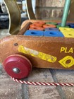 Vintage Playskool Wooden Pull Toy Wagon With Blocks Cylinders   Rods 23 Pieces