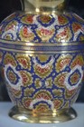 Vintage Hand-painted Enamel Brass Vase India Blue Red Gold Floral Decor