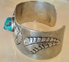 Heavy Navajo Sterling Silver Turquoise Nugget Leaf Cuff Bracelet 29 17g