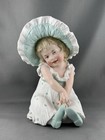 Antique Heubach Bisque Figurine  Shy Girl In Green Sunbonnet  8    H