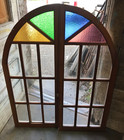 Pair Antique 11 Lite 18x46 Stained Glass Arched Top Cabinet Window Vtg 1456-23b