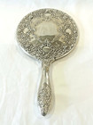 Vtg Hand-held Vanity Mirror Silver Plated Ornate Victorian Floral Design Heavy
