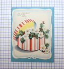 Vintage Christmas Card Round Striped Hat Box  W white Flower   Holly   Berries