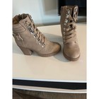 Mia Taupe Tan Faux Suede Lace Up Lug Sole Block Heel Combat Ankle Boots Womens