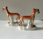 Rare Antique Pair Of Porcelain Staffordshire Hunting Dogs With Hare 8    Tall