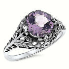 Genuine 2 Ct Amethyst 925 Sterling Silver Deco Antique Style Filigree Ring  787z