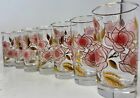 Vtg Set  7  Libbey 1960 Mcm Drinking Glasses Gold Line Pink Roses Barware