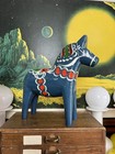 10 Inch Vintage Nils Olsson Sweden Hand Painted Blue Wood Dala Horse Folk Art