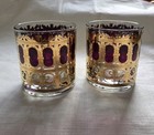 Vintage Mcm Culver Cranberry Gold Scroll Lowball Rocks Glasses Set Of 2