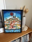 Jose Lucano Folk Art Painting Mexican Village Sun Moon Tree Canvas 13x17