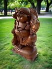 Happy Laughing Lucky Buddha Statue Mahogany Wood Hand Carved 16 x 10 x 6 