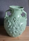 Vintage Usa Haeger Pottery Light Green Double Handle Vase Flower Design Nice 