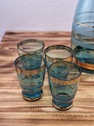 Bohemian Glass Vintage Blue Green Glass  Gold Ringed Decanter Set 4 Glasses 5pc