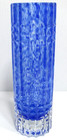 Vintage Glass Vase Blue Confetti Spatter Clear Cased Cylinder Ridged 7 3 4  T