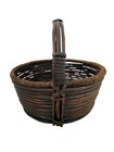 Vtg Woven Bamboo Wicker  Basket With Handle And Corded Band  Wood Base 11 5   