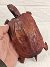Vintage Hand Carved Glass Eyed Wooden Turtle Figurine  Realistic  Warm Mahogany