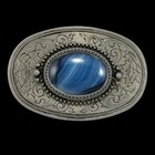 Vintage Western Belt Buckle Blue Banded Agate Silver Tone Floral Engraved Oval