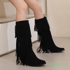 Women Tassel Fringe Causal Knee High Calf Boots Round Toe Mid Heel Shoes Fashion