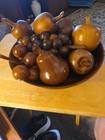 Vintage 1967 Walnut Wood  Fruit Bowl Artisan Sign 9 Carved Wooden Fruits School