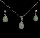 Sterling Silver Fire Opal Pear Drop Teardrop Pendant Necklace And Earrings Set