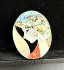 Vintage Abalone Shell Lady Profile Brooch Art Deco Style Mosaic Inlay Pin Large