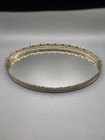 Vtg Gold Filigree Mirrored Vanity Tray Oval Perfume Dresser Hollywood Regency