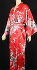 Elegant Peacock Silk Satin Kimono Robe Sleepwear Long W  Waist Tie  Red