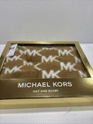 Nwt Authentic Michael Kors Knit 2 Pieces  Set Hat Scarf  Mk Print Mocha white