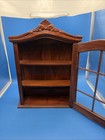 Vintage Oak Wall Curio Cabinet Carved Pediment Glass 6 Pane Door Display Cabinet