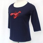Talbots Plus 100  Pima Cotton Navy  Beaded Sequin Lobster Design Top Blouse 1x