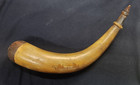 Antique 18th 19th Century Powder Horn With Hand Carved Wooden Base And Spout